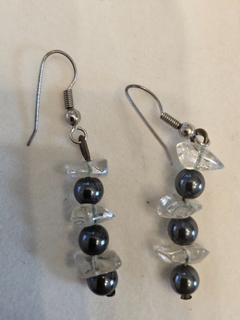 Black pearl and clear stone dangly earrings